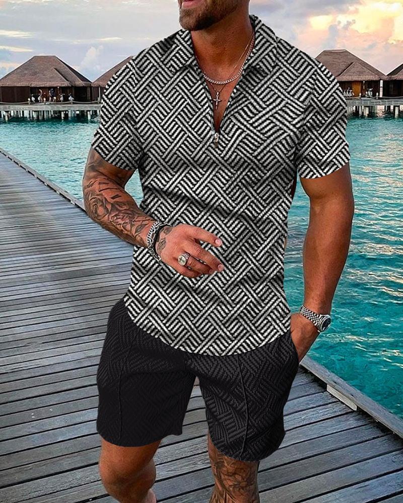 Men's Tracksuits Summer Sports Suit Men 3D Printed Casual Short Sleeve T Shirt Men's Lapel Zip Polo Shirt Men's Clothing Mens Polos Tra