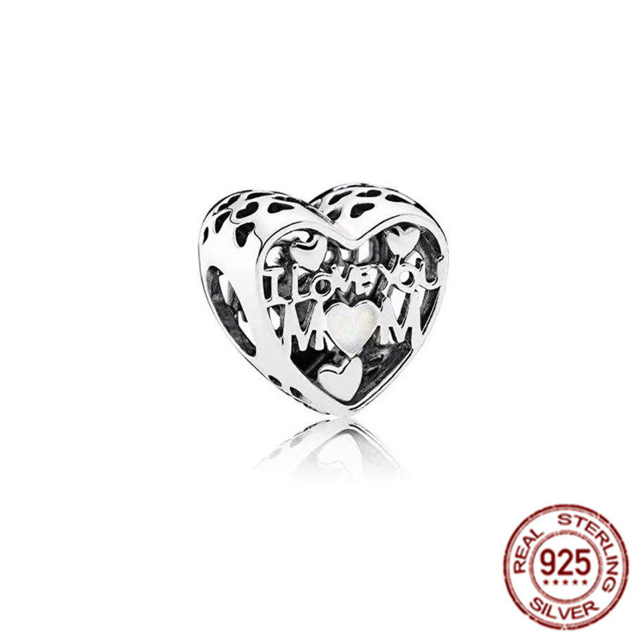925 Sterling Silver Love You Mom Double Heart Split Dangle Charm Beads Fit Original Bracelet DIY Women Jewelry Gift