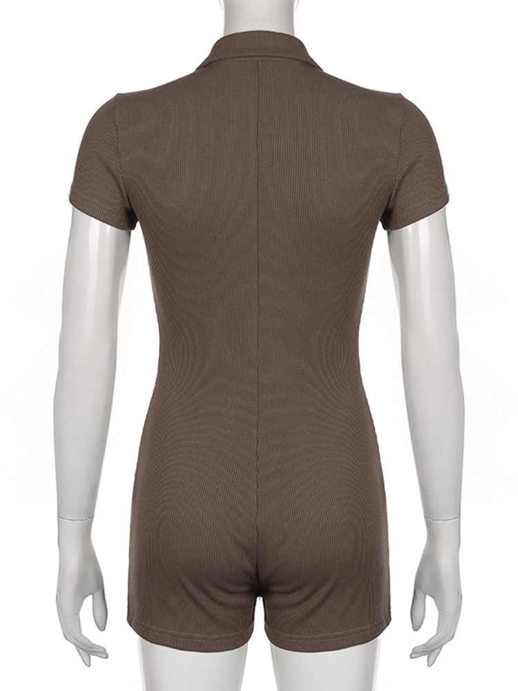 Women's Jumpsuits Rompers Rapcopter Single-Breasted Playsuits Brown Knitted Bodysuits Solid Casual Basic Jumpsuits Short Sleeve Overalls Biker Wo