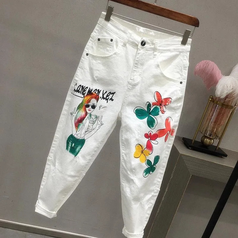 Women's Jeans Women White Denim Jeans Cartoon Graffiti Flowers Print Stretched Hallen Jeans Pencil Pants Autumn Skinny Jeans LU1271 231122
