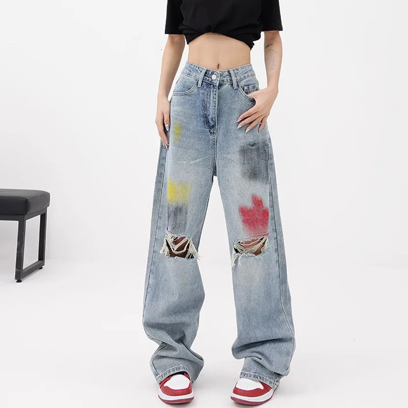 Women's Jeans Summer Graffiti Blue Wash Hole Jeans Women's Wide Leg Pants Floor Slam Pants Straight Tube Pants Women's Fashion Trend 23
