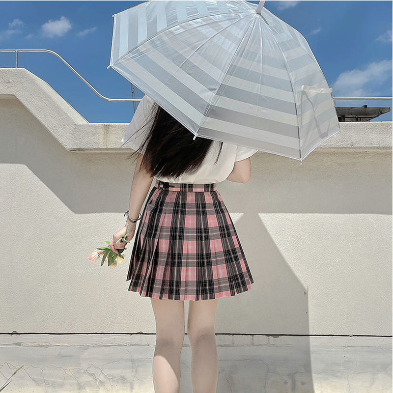 Skirts Korean Sweet Plaid Skirt Women Harajuku Cute Pink Black High Waist Pleated Mini Skirts Japanese Uniform Preppy JK Skater 2000s 230422