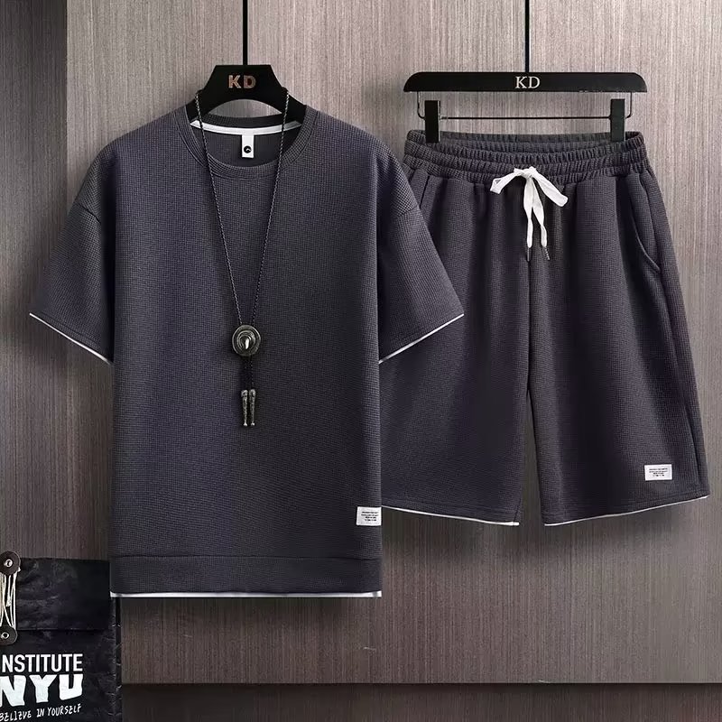 Men's Tracksuits Waffle Pattern 2 Piece Men Shorts Set Summer Tracksuit Men Fashion Clothing Harajuku Style Japan Fashion Loose Fit Sweatsuit 230