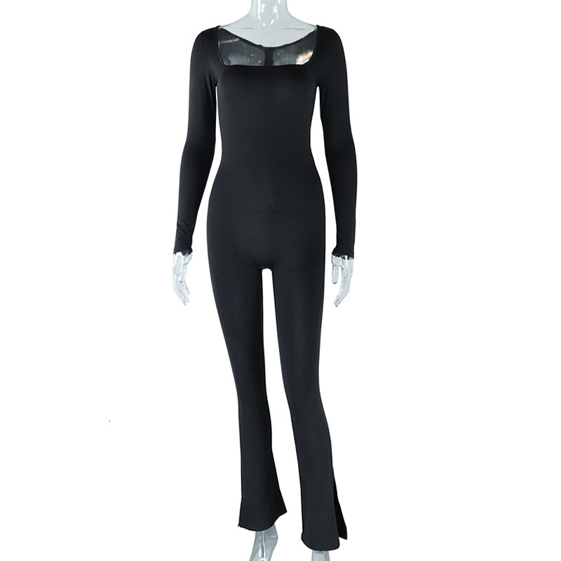 Women's Jumpsuits Rompers HOUZHOU Sexy Jumpsuit Women Long Sleeve Square Neck Bodycon Female Flared Pants Long Romper Fitness Clubwear Streetwear