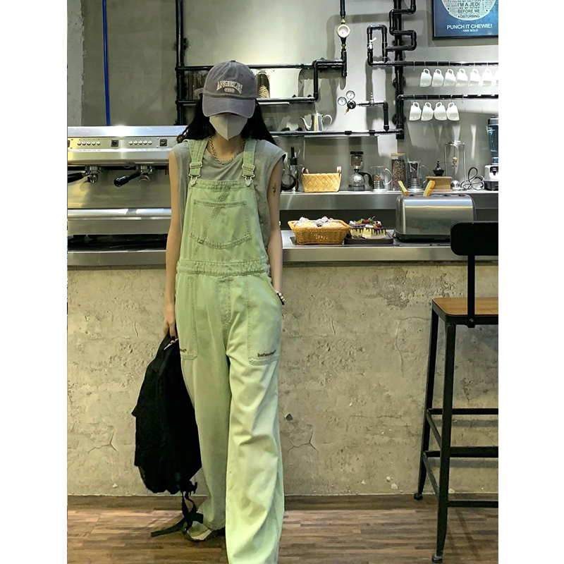 Women's Jeans Winter Green Denim Overalls Pant for Women Y2k Streetwear Baggy Pocket Straight Bib Rompers Trousers Korean Ladies 230422