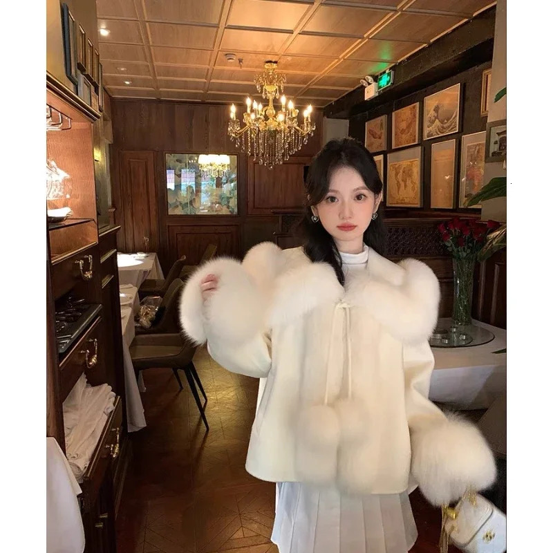 Women's Fur Faux Fur Reversible Cashmere Coat Fox Fur Mixed Fur Cloak Woolen Coat 231121