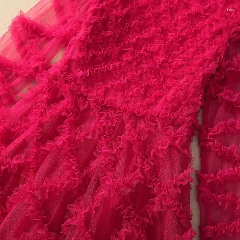 Casual Dresses Top Quality 2024 Spring Autumn Winter Long Party Women Allover Ruffle Lace Flower Pattern Sleeve Dress Special Occasion