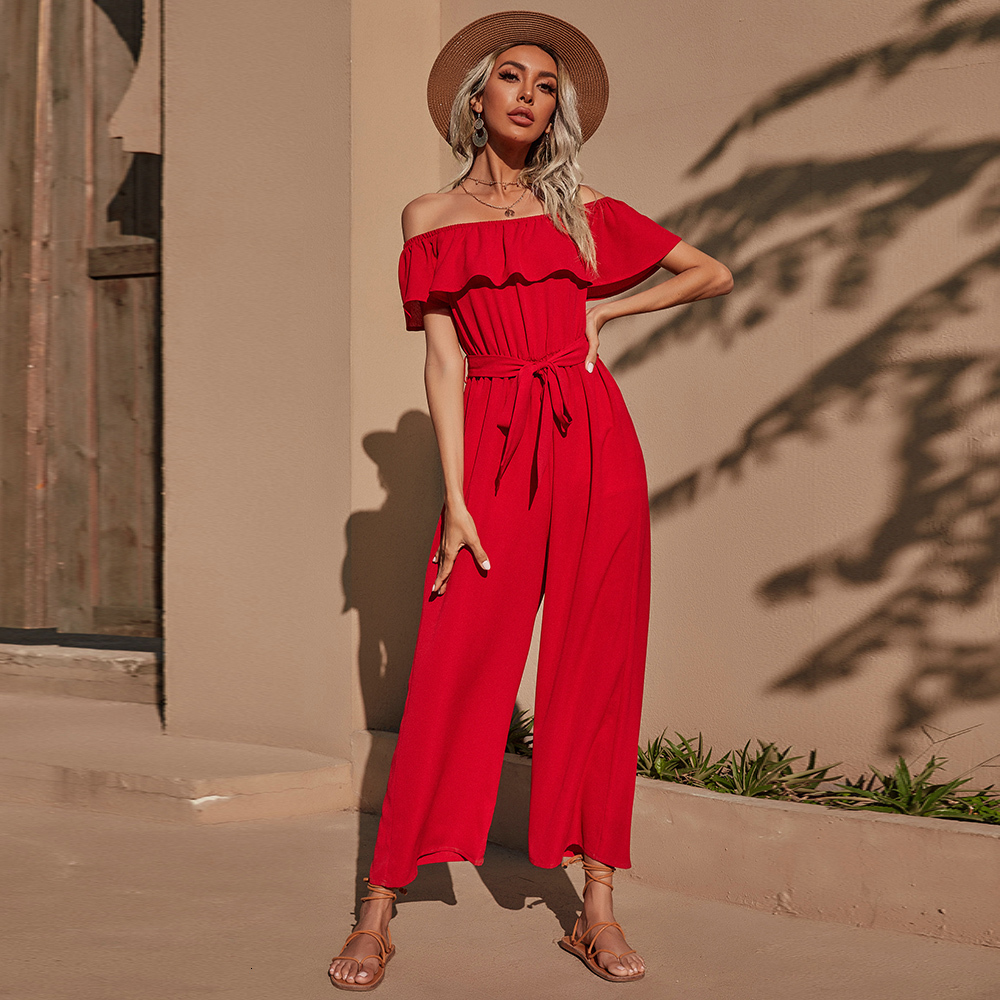 Women's Jumpsuits Rompers Spring and Summer Ladies Red Slash Neck Lotus Leaf Sleeve Strapless Belt Thin Pants 230422