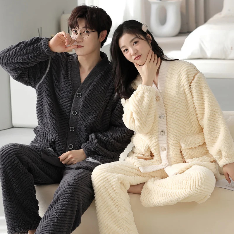 Mens Sleepwear Winter Thick Thermal Velvet Pajamas Set for Couple Kawaii Kimono Lovers Man and Woman Cardigan pijamas para parejas 231122