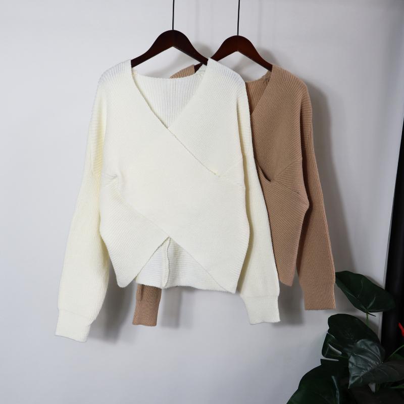 Womens Sweaters Spring Autumn Long-sleeved Knitted Pullover Fashion V-neck Wrap Top Temperament Lace-up Sweater Women Elegant Bottoming Shi