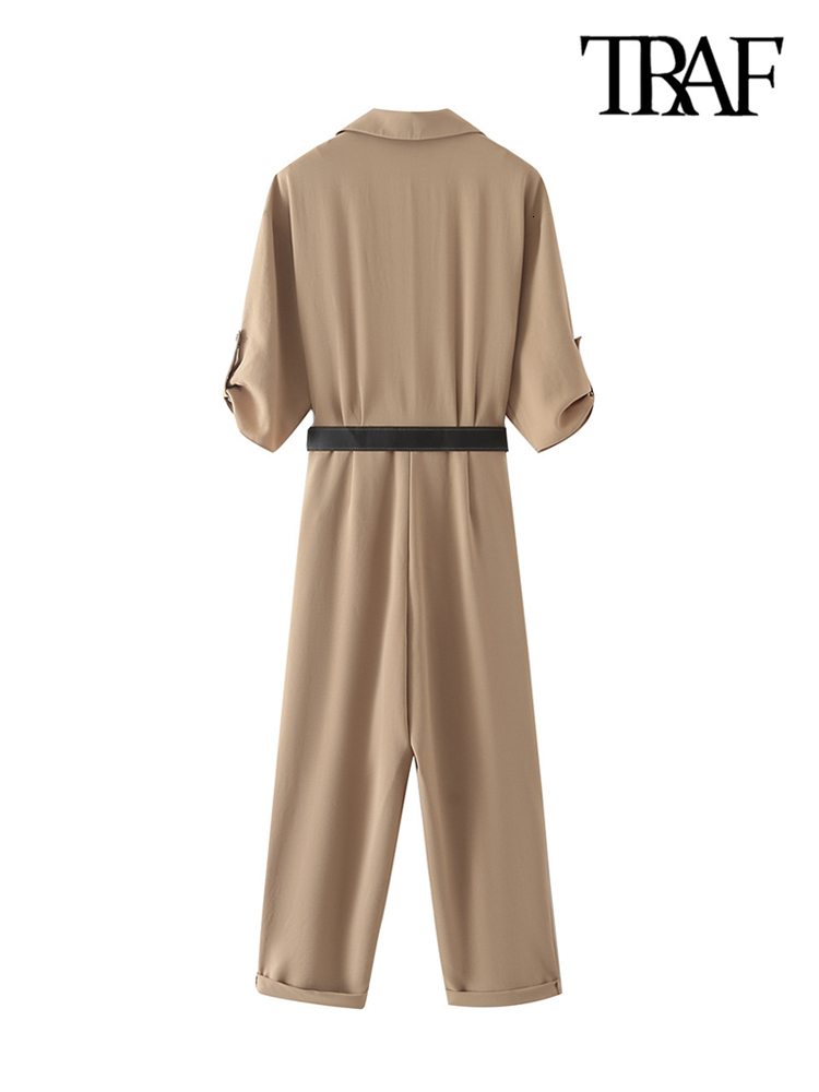 Women's Jumpsuits Rompers TRAF Women Fashion With Belt Side Pockets Jumpsuits Vintage Short Sleeve Front Buttons Female Playsuits Mujer 230422