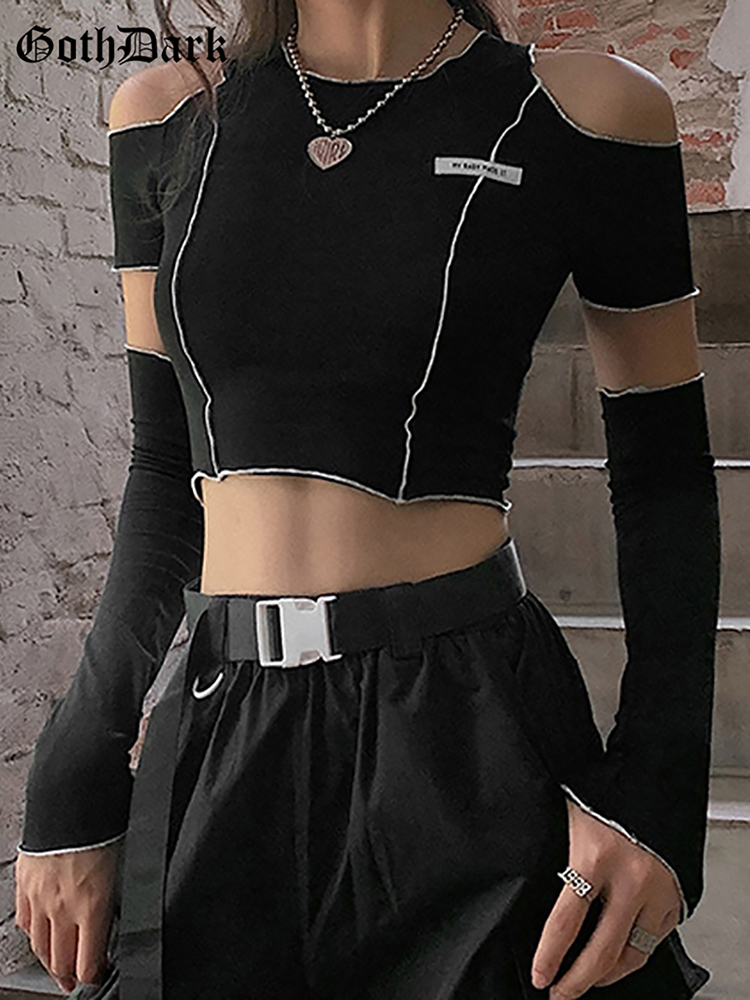Women's T-Shirt Goth Dark E-girl Style Patchwork Black T-shirts Gothic Open Shoulder Sleeve Y2k Crop Tops Ruffles Hem Hip Hop Techwear Women Tee 