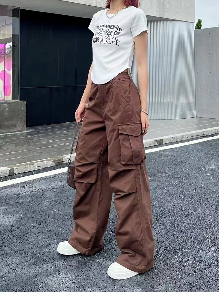 Women's Pants Capris HOUZHOU Y2K Retro White Cargo Pants Women Vintage 90s Aesthetic Oversized Brown Parachute Trousers Female Hippie Wide Pocket
