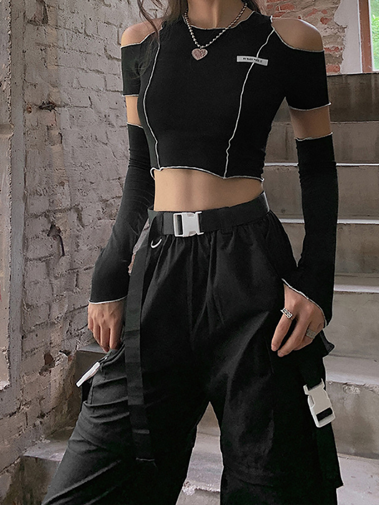 Women's T-Shirt Goth Dark E-girl Style Patchwork Black T-shirts Gothic Open Shoulder Sleeve Y2k Crop Tops Ruffles Hem Hip Hop Techwear Women Tee 