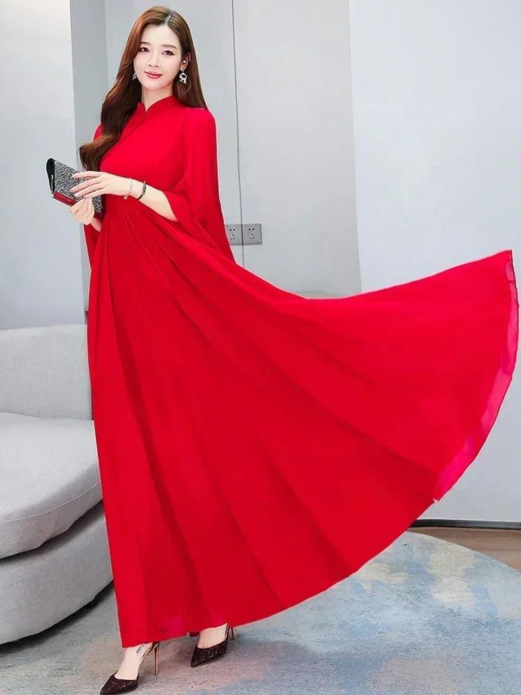 Casual Dresses Red Beach Dress Summer Clothes For 2023 Evening Maxi Fashion Elegant White Chiffon Long Sleeve Pink Prom Wedding F62
