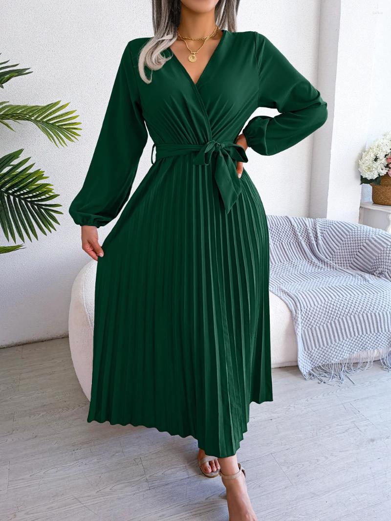 Casual Dresses Autumn And Winter Womens Fashion Style Cross V-neck Large Fold Solid Color Long Dress