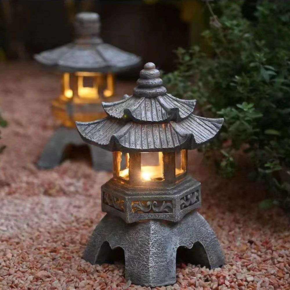 Garden Decorations Handmade Craft Zen Ornaments Accessories Resin Tower Statue Solar Lamp Stone Pagoda Lantern Lanterns 230422