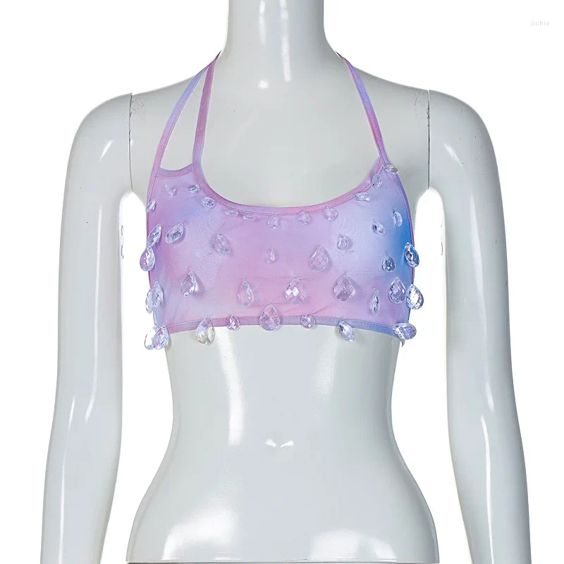 Womens Tanks 2023 Spicy Girls Street Style Sexy Mesh Hanging Neck Panel With Water Drops Decoration Small Sling