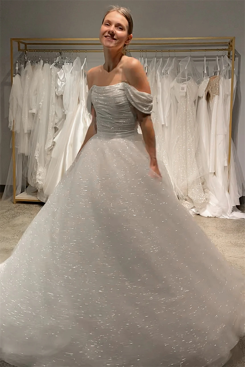 2024 Sparkly White Sequined Tulle A Line Wedding Dresses Floor Length Off The Shoulder Long Bridal Gowns Glitter Bride Dress Custom Made