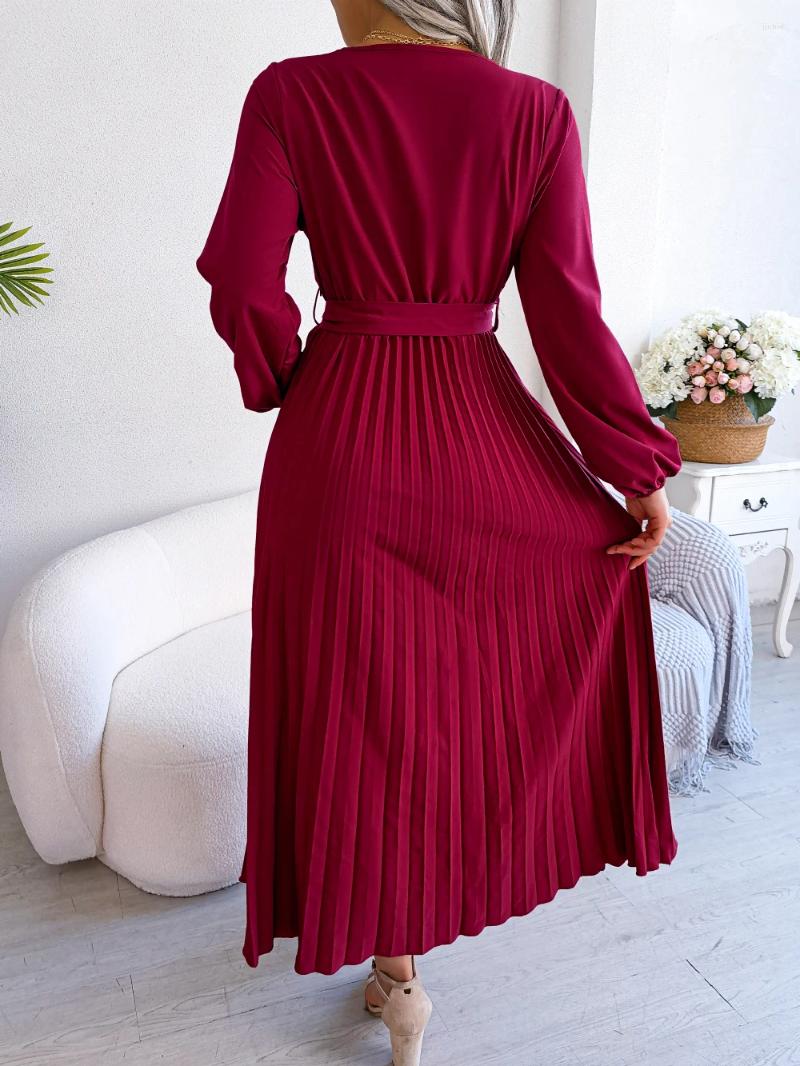 Casual Dresses Autumn And Winter Womens Fashion Style Cross V-neck Large Fold Solid Color Long Dress