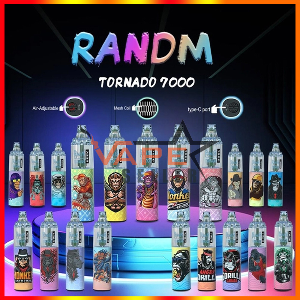 Original RandM Tornado 7000 Puffs Disposable Vape Pen E Cigarette Desechable With Mesh Coil Airflow Control Rechargeable 850mAh Battery Dazzle 52 Flavors