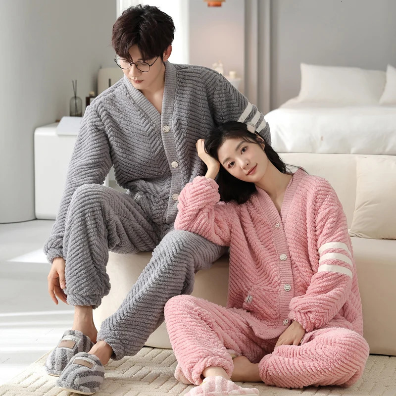 Mens Sleepwear Winter Thick Thermal Velvet Pajamas Set for Couple Kawaii Kimono Lovers Man and Woman Cardigan pijamas para parejas 231122