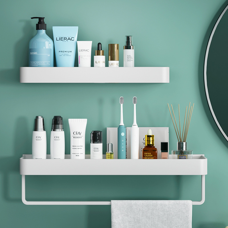 Bathroom Shelves White Space Aluminum No Drill Bathroom Shelves Rack Shampoo Shelf with Towel Bar Rack 230422