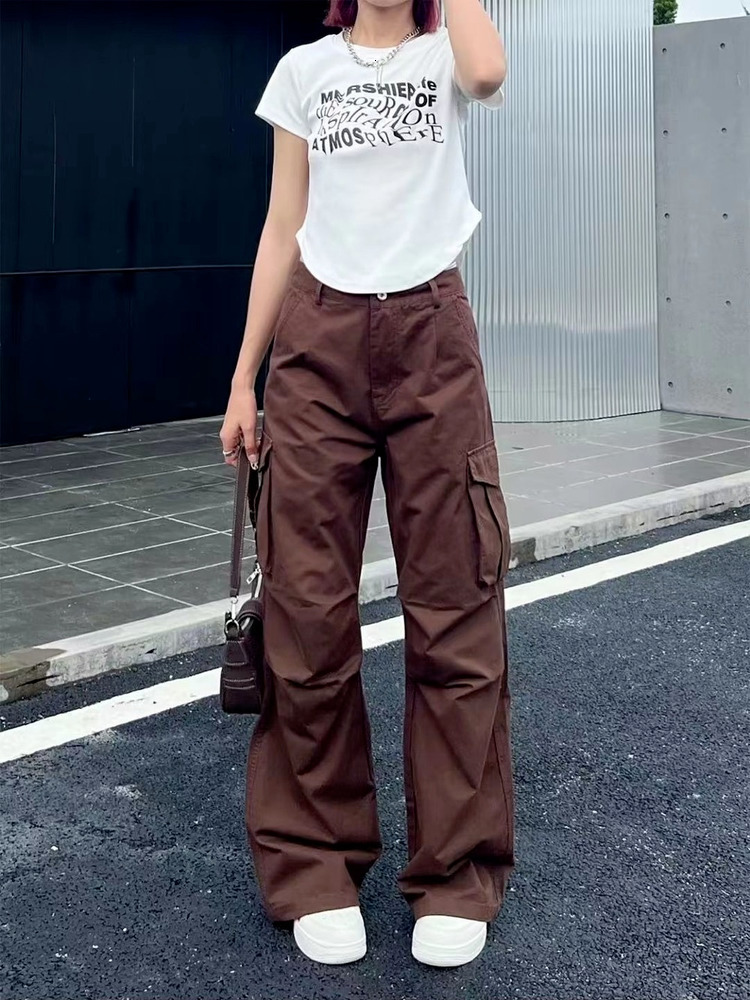Women's Pants Capris HOUZHOU Y2K Retro White Cargo Pants Women Vintage 90s Aesthetic Oversized Brown Parachute Trousers Female Hippie Wide Pocket