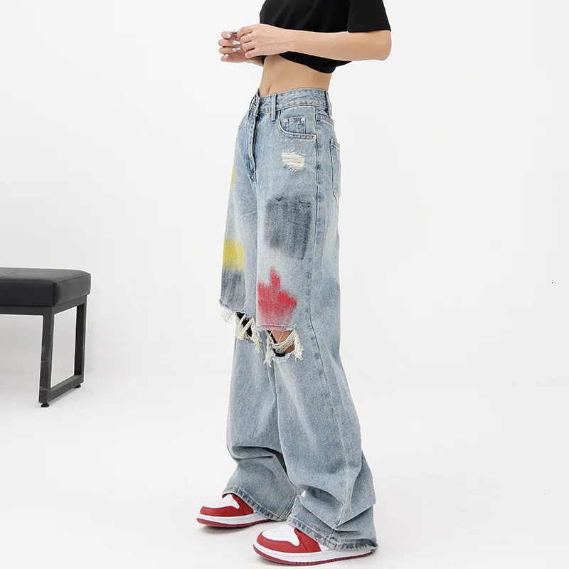 Women's Jeans Summer Graffiti Blue Wash Hole Jeans Women's Wide Leg Pants Floor Slam Pants Straight Tube Pants Women's Fashion Trend 23