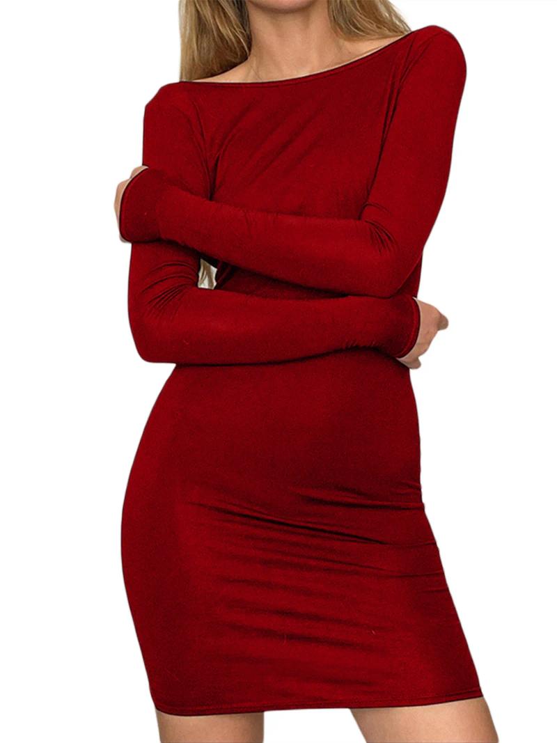 Casual Dresses 2024 Sexy Beach Club Dress Streetwear Women Backless Long Sleeve Mini Trendy Crew Neck Bodycon Party
