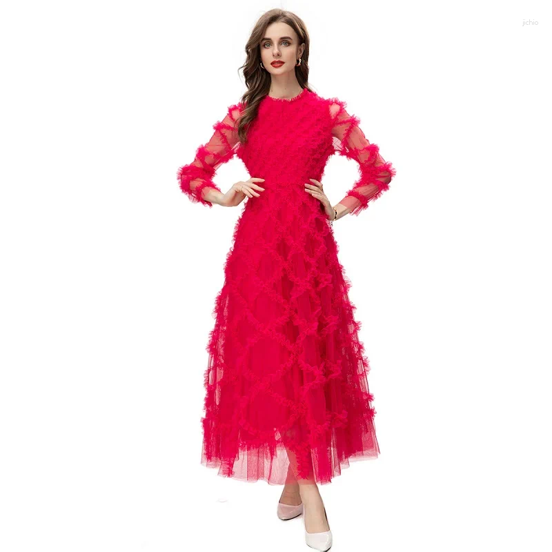Casual Dresses Top Quality 2024 Spring Autumn Winter Long Party Women Allover Ruffle Lace Flower Pattern Sleeve Dress Special Occasion