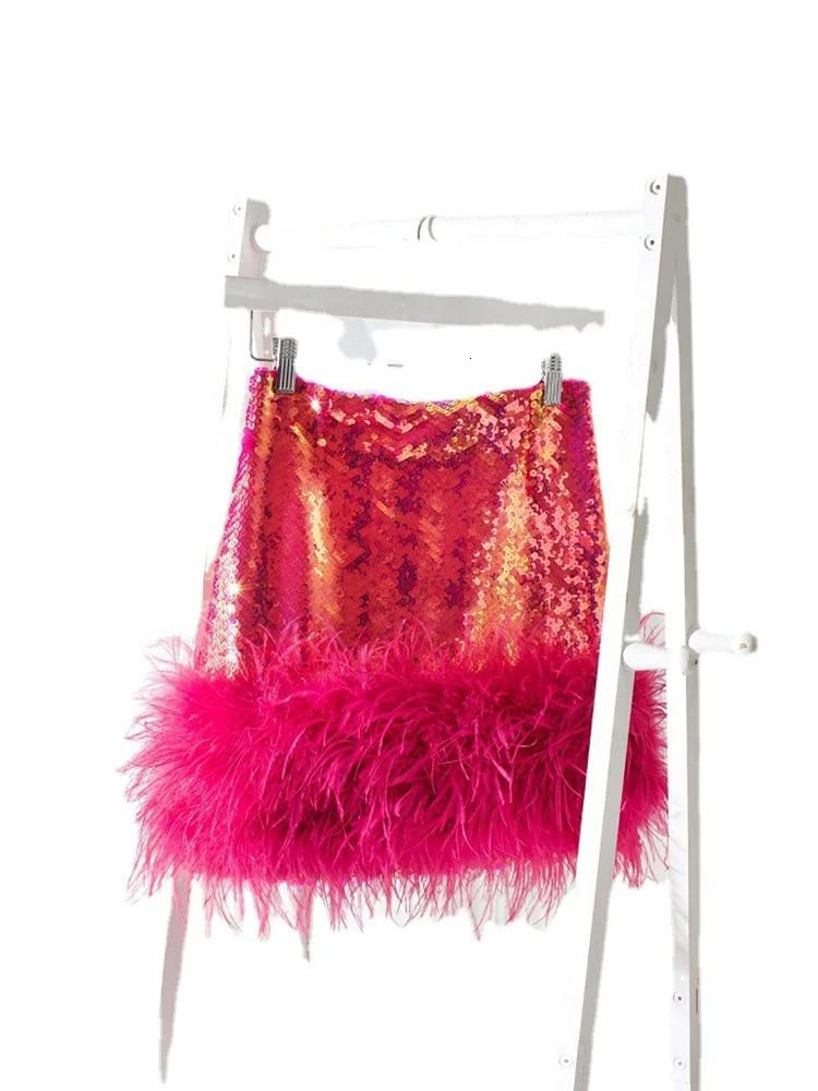 Skirts DEAT Bright Silk Skirt Summer Women's Fashion Sequin Feather Stitched Ultra Short For Women Female Clothing 11X3143 231121