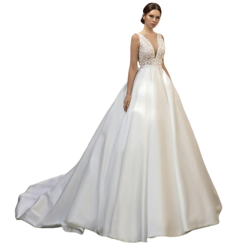 2024 Elegant A Line Satin Wedding Dress Lace Appliques Beaded Sleeveless Long Bridal Gowns V-Neck Empire Waist Classic White Bride Dresses Court Train