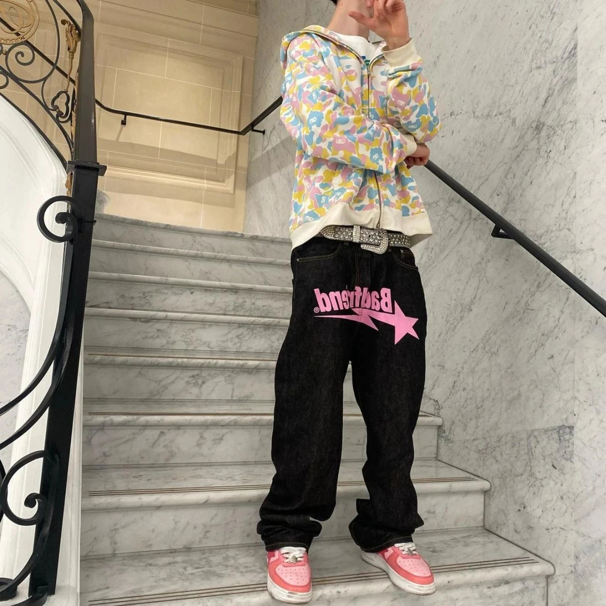 Men's Jeans Y2k Jeans Badfriend Hip Hop Letter Printed Black Pants Men Women Fashion Casual Rock Wide Foot Baggy Trouser Streetwear 231122