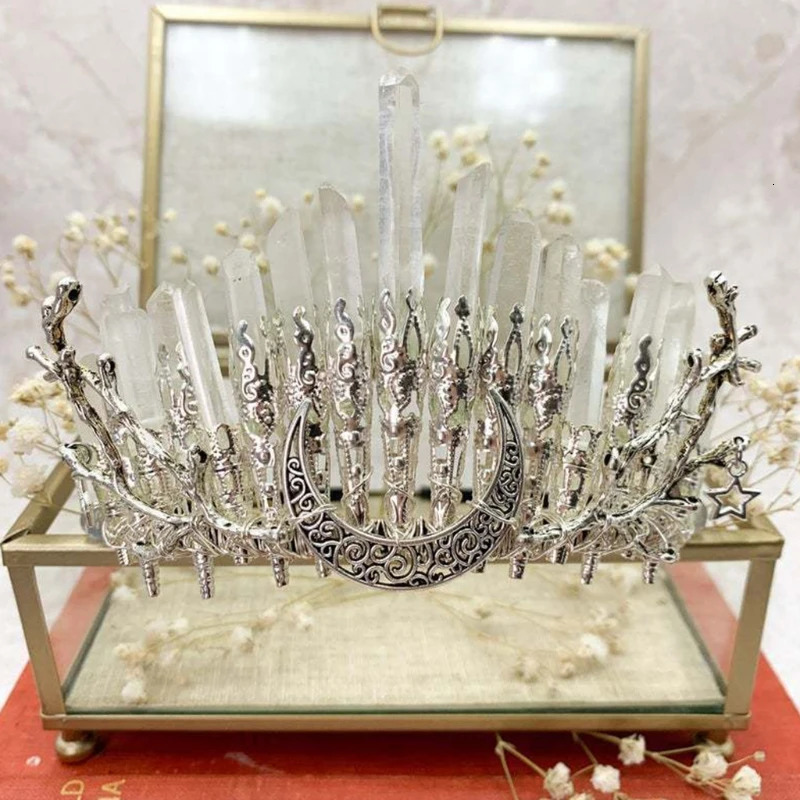 Wedding Hair Jewelry M6CD Crystal Headband White Natural Raw Stone Hair Accessory with Branches Crescent Boho-style Quartz Tiara Crown for Wedding 231