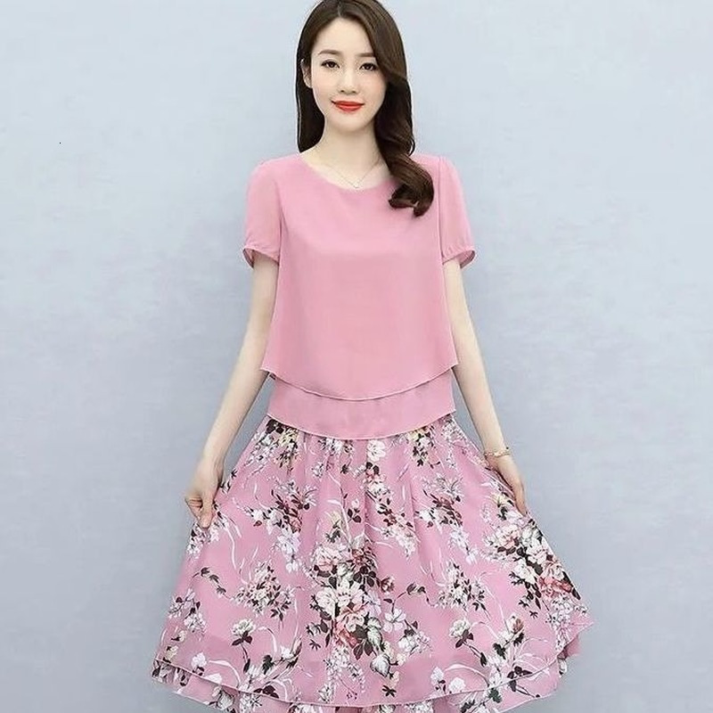 Two Piece Dress Two Piece Sets Women Summer Chiffon Print Shirt and Midi Skirts 2pcs Set Female Korean Casual Office Skirt Suit 5XL E68 230422