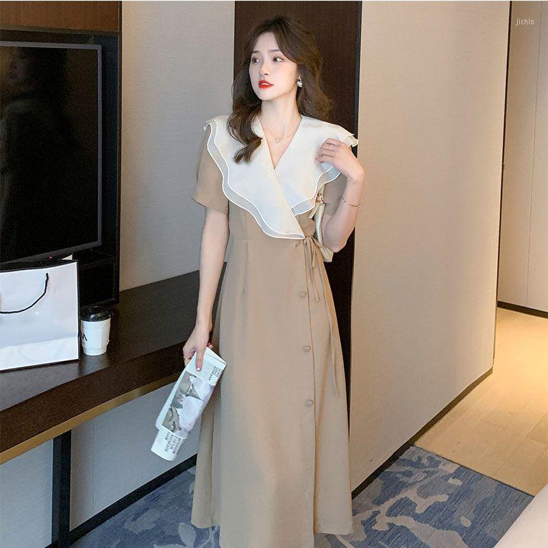 Casual Dresses Vintage V Neck Large Lapel Ruffle Slim High Waist Short Sleeve Dress Women Vestidos A Line One Piece Lace Up Summer