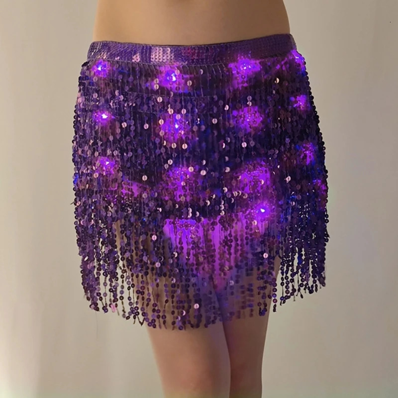 Skirts Women LED Lace-up Sequins Tassels Wrap Mini Skirt Belly Dance Hip Scarf Glitter Waist Chain Stage Performances Costumes Dropship 231121