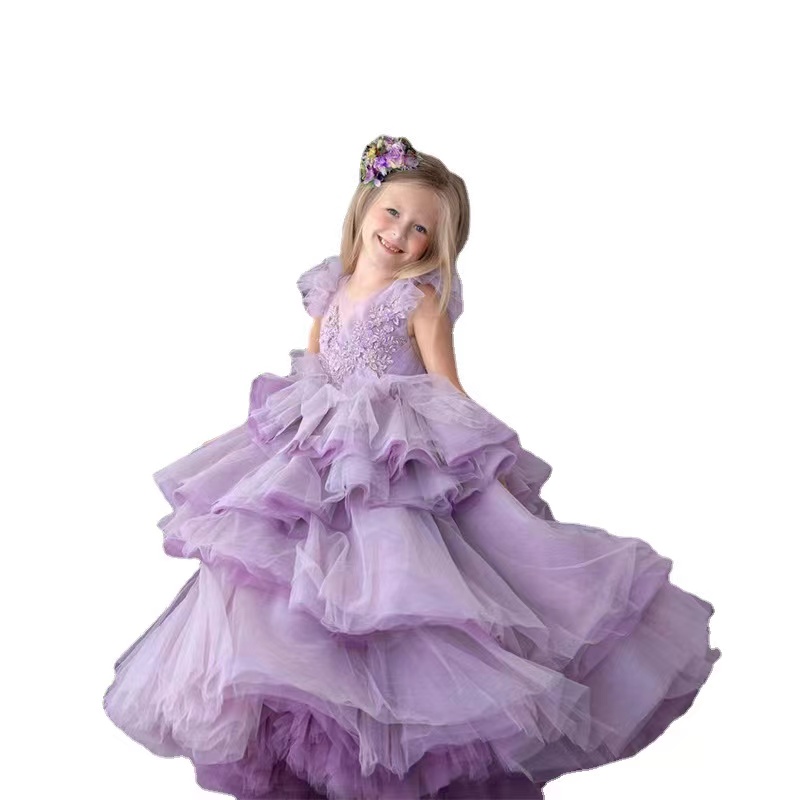 Cute Lace Flower Girl For Wedding 3D Appliqued Ball Gown Toddler Pageant Gowns Frist Holy Communion Dresses Tutu Floor Length Kids Birthday Dress 403