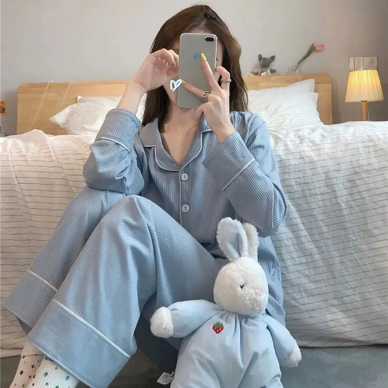 Womens Sleepwear Casual Pajamas Women Autumn and Winter Pure Cotton Long Sleeves Pants Sweet School Style Homewear Set 231122