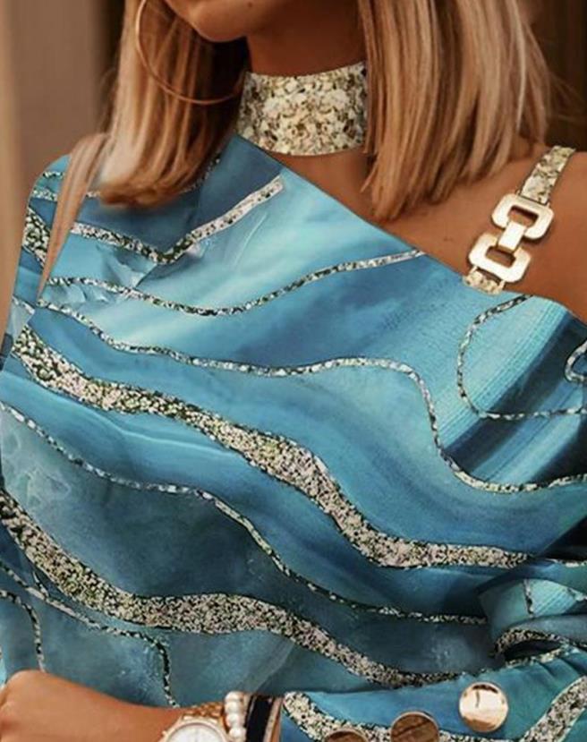 Women's T-Shirt Cold Shoulder Top for Women Marble Print Metal Decor Daily Long Sleeve Tee Casual 230422