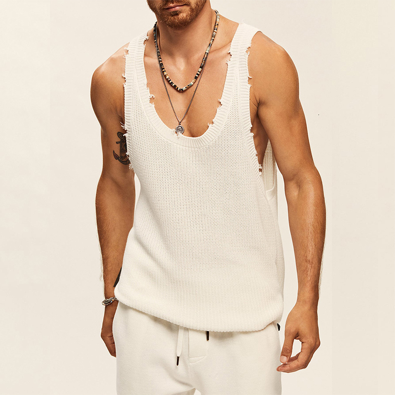 Men's Tank Tops Vintage Solid Color Loose Ripped Knitted Vest Mens Clothes Summer Fashion Straps Sleeveless O Neck Camisole Men Casual Tank Tops 