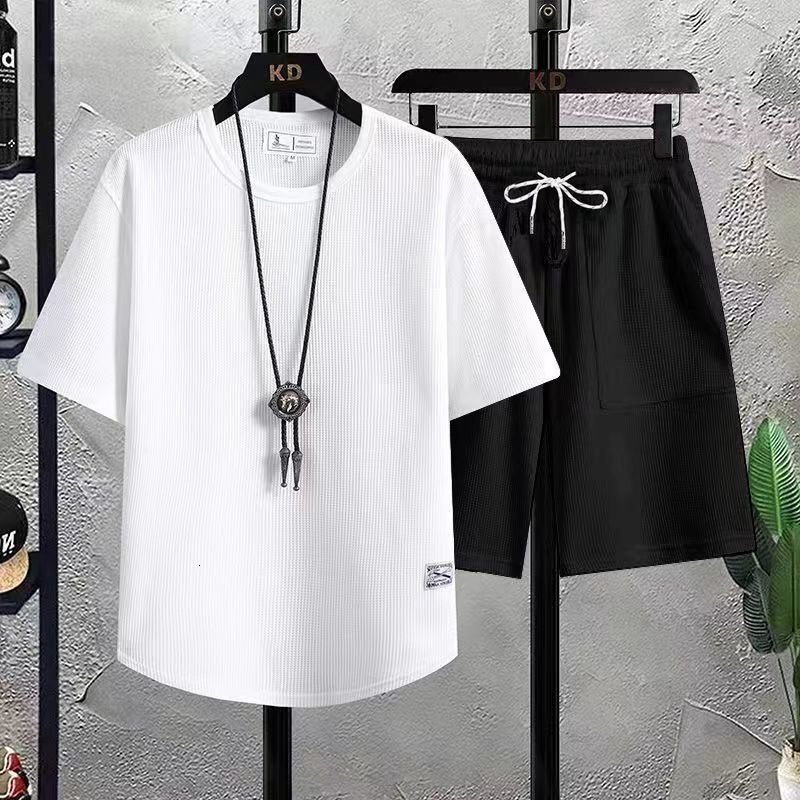 Men's Tracksuits Men's Waffle Pattern 2 Piece Set Shorts Set Summer Tracksuit Men Fashion T-shirt Harajuku Fashion Loose Sweatsuit Clothing 