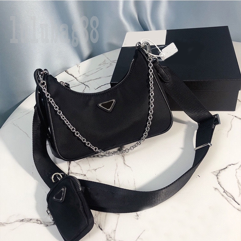 Nylon p hobo handbag re edition men designer bags 3pcs fashion simple crossbody sac black white pink classical plated silver chain shoulder bag luxury womens Q2