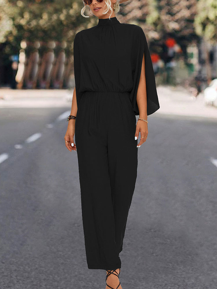Women's Jumpsuits Rompers Elegant Women Jumpsuits Spring Loose Stand Collar Split Sleeve Office Romper Fashion Black Women Overalls Streetwear Fe