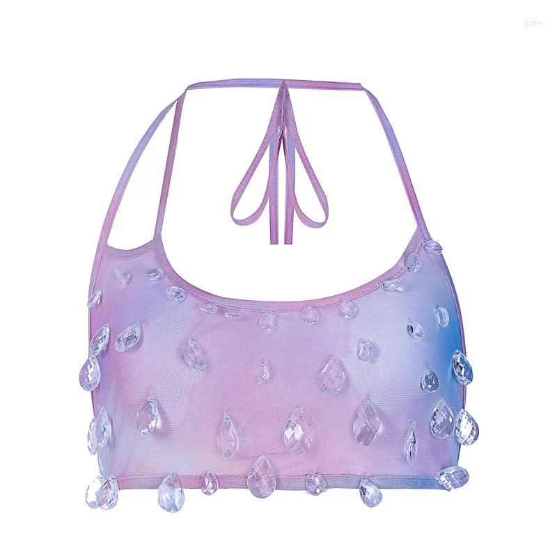 Womens Tanks 2023 Spicy Girls Street Style Sexy Mesh Hanging Neck Panel With Water Drops Decoration Small Sling