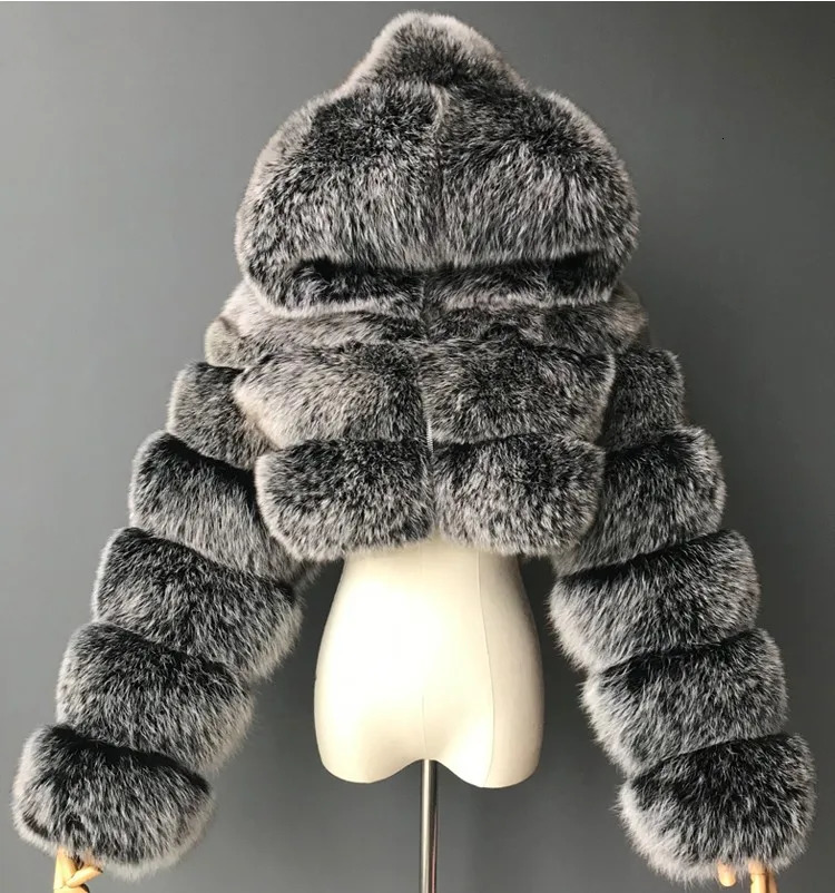 Women's Fur Faux Fur Fashion Hooded Faux Fur Coat Women Winter High Quality Warm Furry Overcoat Elegant Plush Crop Jacket 231121