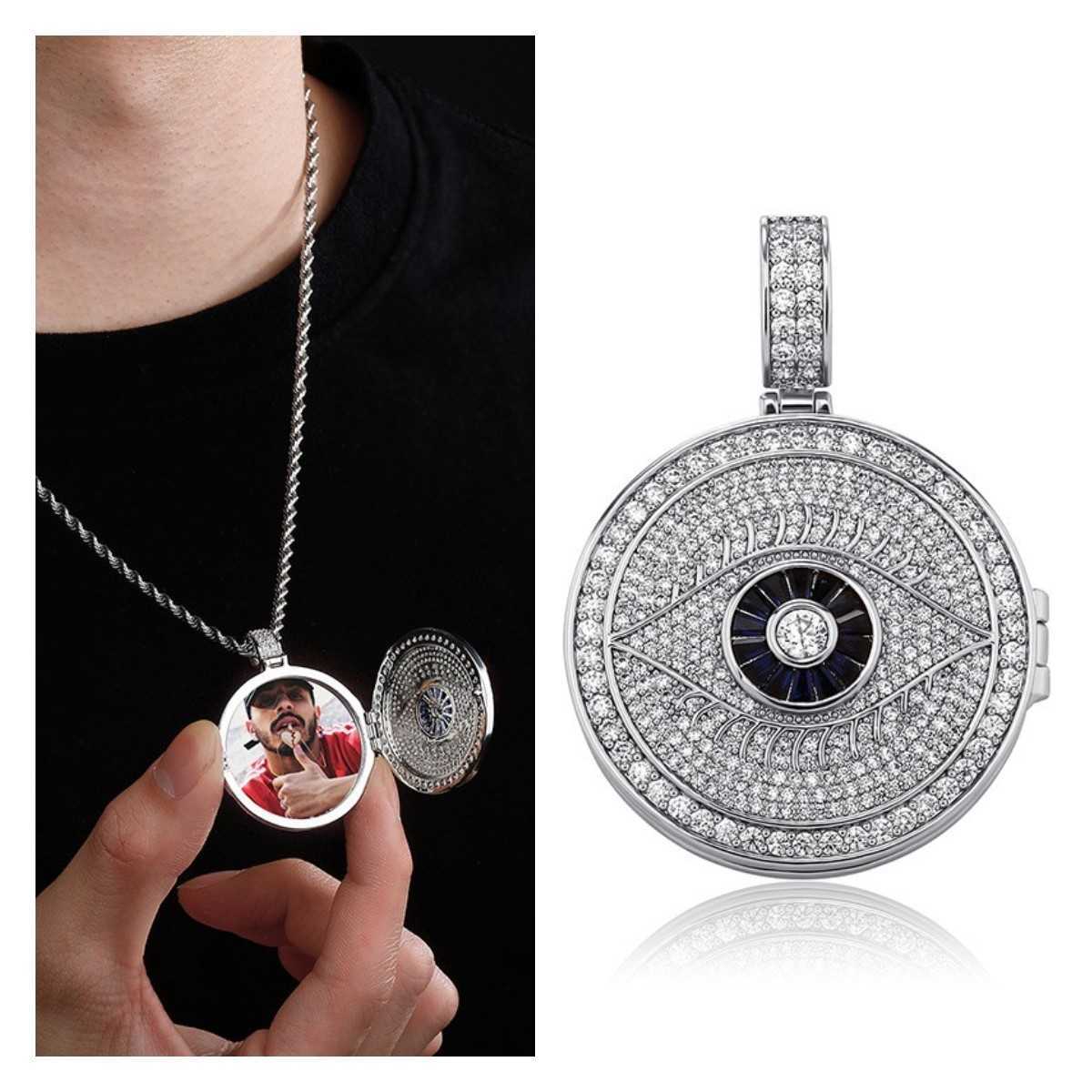 Openable God's Eye Memorial Custom Photo Pendant Necklace Full Cubic Zircon DIY Picture Personalized Hip Hop Real Gold Plated DIY Jewelry Birthda