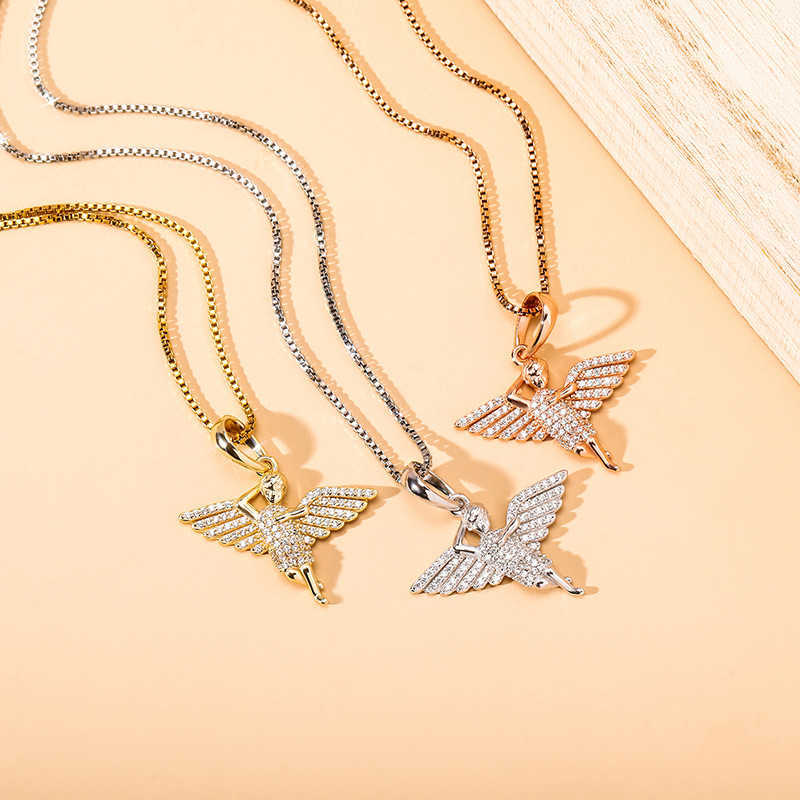 Solid S925 Sterling Silver Angel Wings Pendant Necklace for women Full cubic Zirconia gold plated Hip Hop Female jewelry Accessories Collier birthday 