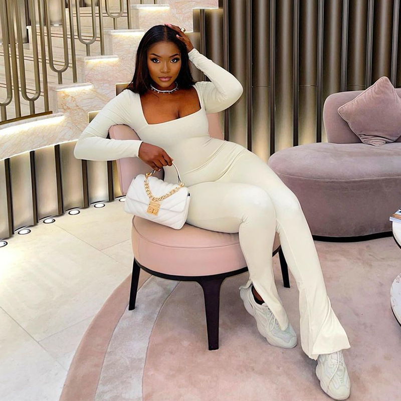 Women's Jumpsuits Rompers HOUZHOU Sexy Jumpsuit Women Long Sleeve Square Neck Bodycon Female Flared Pants Long Romper Fitness Clubwear Streetwear
